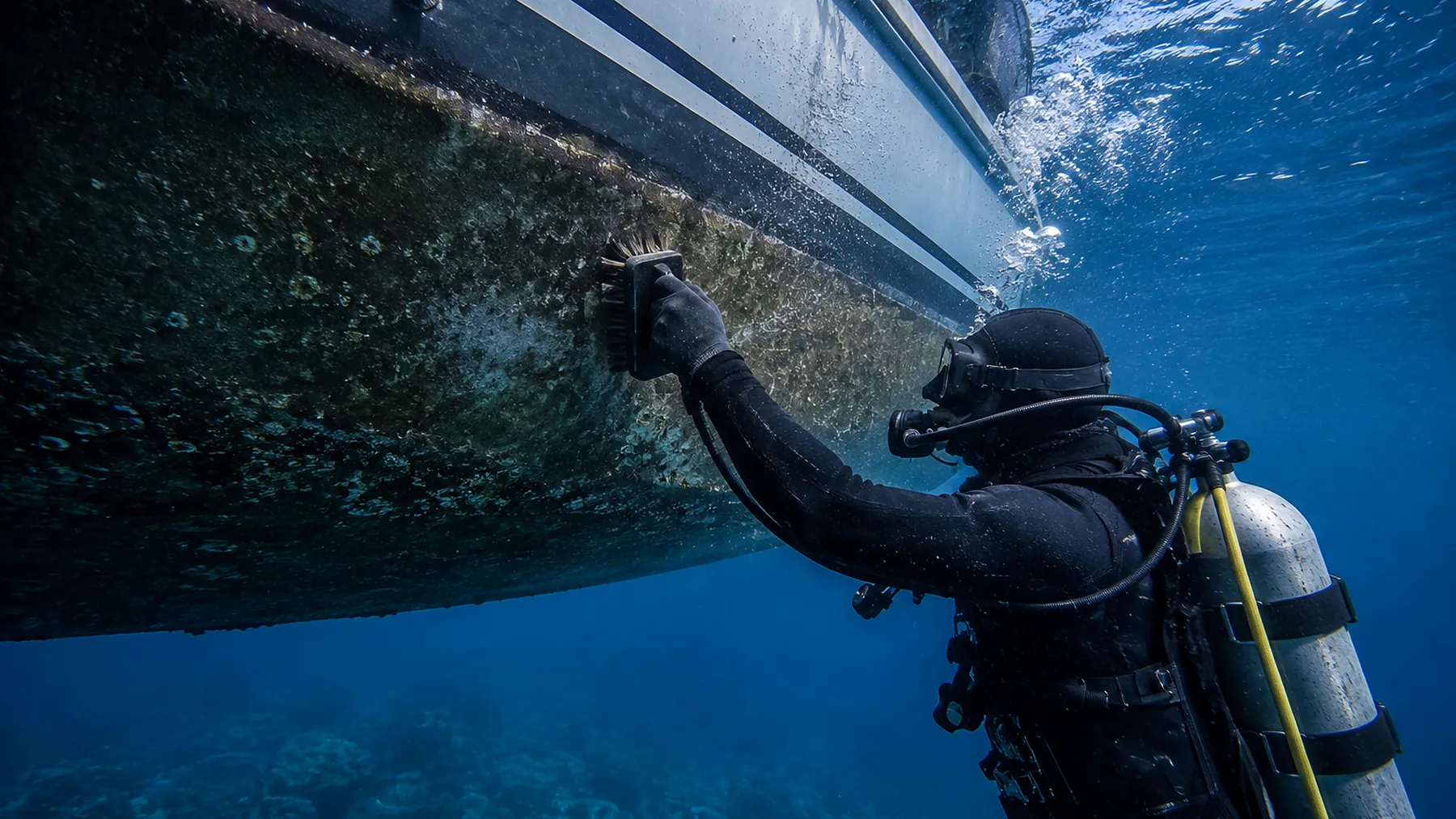 Buzo con equipo de buceo cepillando el casco incrustado de una embarcación bajo el agua.
